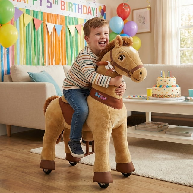 PonyCycle Kid-Powered Ride-On Horse Toy, No Battery, Hand Brake, Ages 4-7, Light Brown, E436