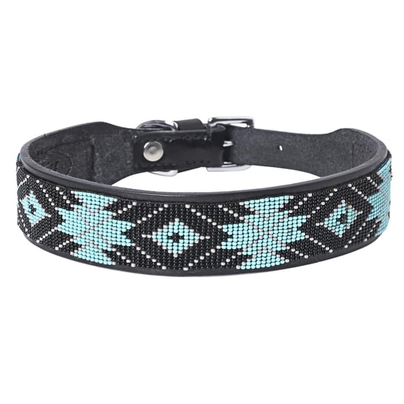 HILASON Black/Turquoise 16 in Western Style Heavy Duty Beaded American Leather Pet Dog Collar| Comfortable Dog Collar