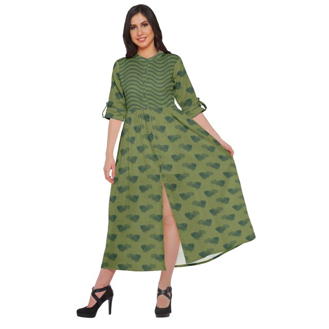 Moomaya Printed Front Slit A-Line Kurtis For Women Short Sleeve Summer Kurta