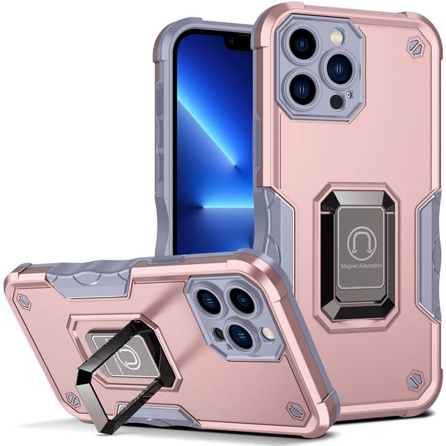 SuperShield Defender Fitted Hard Shell Ring Holder Stand Case for iPhone 14 Pro Max in rose gold. The case features a durable hard shell design with cushioned corners, soft flexible sides, and anti-scratch technology. It includes a built-in metal kickstand for vertical and horizontal viewing angles, precise cutouts for full access to ports and buttons, and a metal magnetic sheet for stable adsorption to magnetic car mounts. Compatible with wireless charging and designed for the iPhone 14 Pro Max released in 2022.