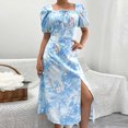 thumbnail image 1 of Jusqu'à 65 % de Réduction! Robes de Mode d'Été pour Femmes 2024 Grande Taille Décontractée Aguichant Col Carré Manches Bouffantes Robe Fendue Florale pour Vacances Style Robe à Manches Courtes Col en V, 1 of 6
