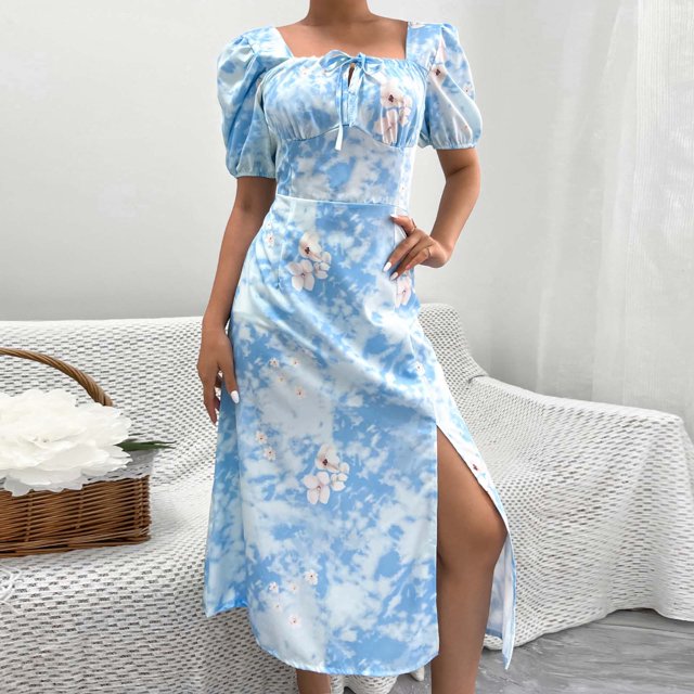Jusqu'à 65 % de Réduction! Robes de Mode d'Été pour Femmes 2024 Grande Taille Décontractée Aguichant Col Carré Manches Bouffantes Robe Fendue Florale pour Vacances Style Robe à Manches Courtes Col en V