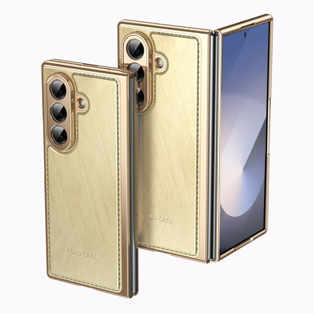 TYJKeJi Case Drop Resistant Shockproof Case for Samsung Galaxy Z Fold7, featuring a hybrid protective design with a premium soft TPU silicone frame and hard PP back cover. The case has a delicate matte surface in a candy-colored design, offering anti-fingerprint material and a slim, lightweight profile. It includes a creative camera lens protection design and four-corner edge airbag anti-fall technology for enhanced impact absorption. Shown in a gold finish, the case is tailored for the Samsung Galaxy Z Fold7, combining style and durability.
