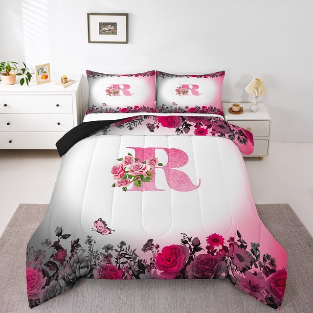 Erosebridal Letter Initial Bedding Twin Comforter Set,Monogrammed Personalized Down Comforter,Flower Decor,Reversible,Lightweight,2-Piece