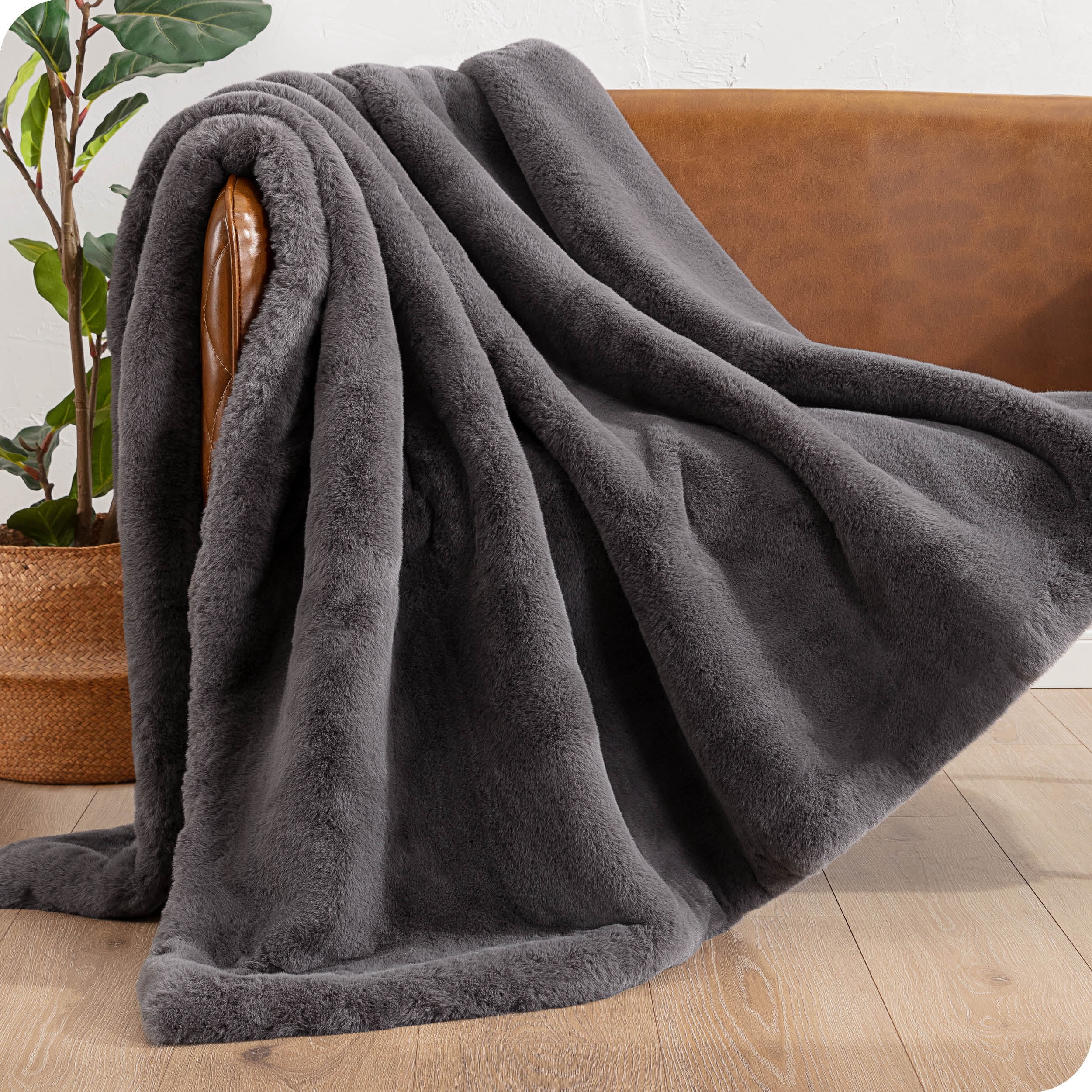 Bare Home Faux Fur Blanket - 60" x 80" - Ultra Soft Fleece - Oversized, Dark Gray