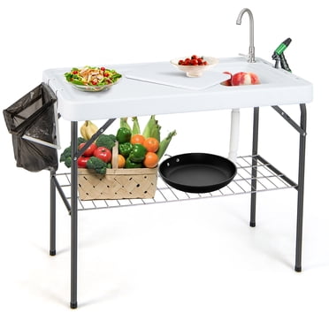 Costway Foldable Fish Cleaning Table with Sink Measure Mark Grid Rack Faucet Spray Nozzle