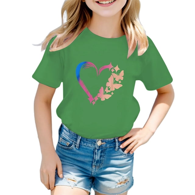 GDREDA Vêtements Fille Enfant Filles Mignon Graphique Col Rond Manches Courtes Tee Été Décontracté T-Shirt Hauts Fille T-Shirts Vert,9-10 Ans