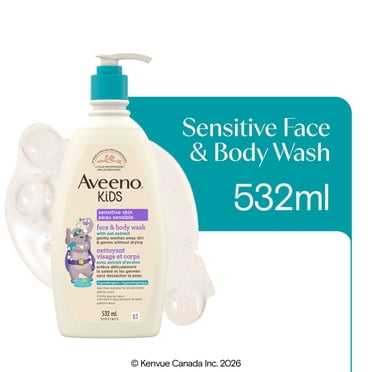 Aveeno Kids Sensitive Skin Face & Body Wash, Formulated with Nourishing Oat Extract to Wash Away Dirt and Germs Without Drying, Kids Body Wash is Tear-Free, Hypoallergenic, Sulfate- & Dye-Free, 532mL