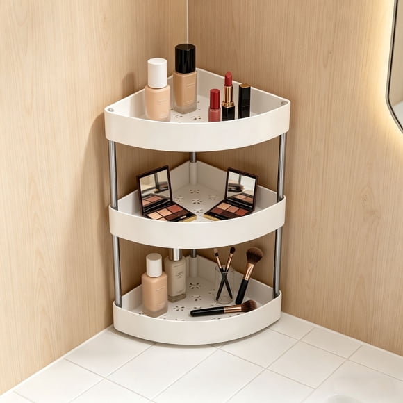 Qiopertar 3-Tier Countertop Corner Spice Rack, Triangular Plastic Kitchen Organizer, Space-Saving Cosmetic Shelf for Daily Storage