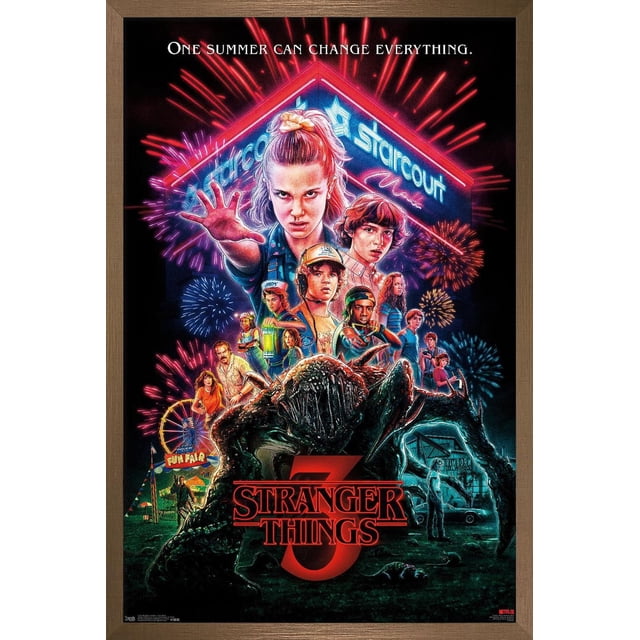 Netflix Stranger Things : Saison 3 - Affiche Murale d'Une Feuille Mettant en Vedette une Enseigne Néon Starcourt Mall avec des Feux d'Artifice, un Groupe de Personnages Style Années 1980 et un Grand Monstre au Premier Plan, sur Fond de Scène Nocturne avec une Foire Amusante et une Voiture Près de Grimborn Steel Works, Convient à la Déco Maison.