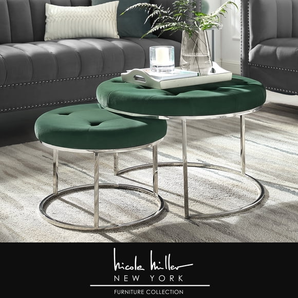 Nicole Miller Konan Ottoman Velvet Upholstered Stainless Steel Frame Set of 2, Green/Chrome