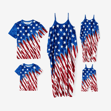 PatPat Independence Day Family Matching Sets American Flag Print T-shirt and Adjustable Strap Midi Dress with Pockets
