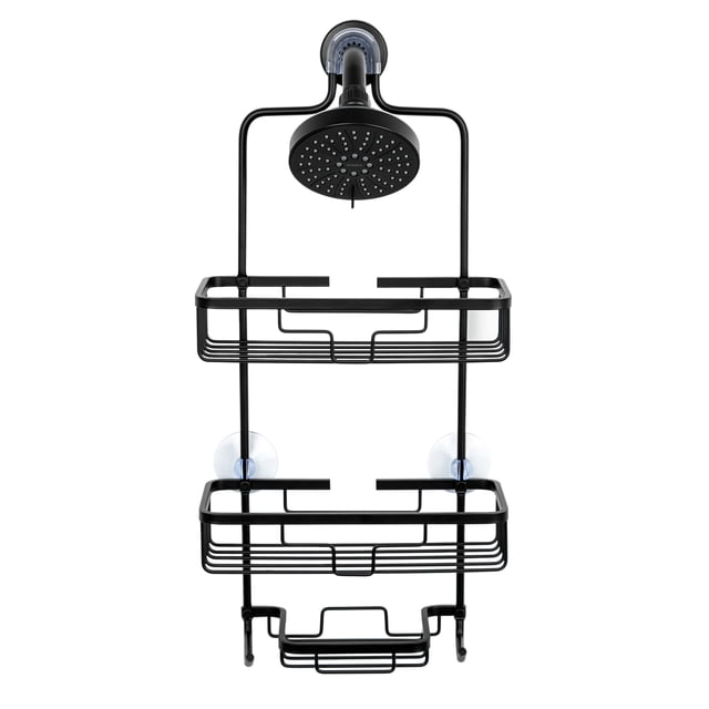era Carrasco Aluminum Shower Caddy Black with rustfree aluminum two-tier shelves and soap dish, matte black finish, hooks securely over showerhead with suction cups, ideal for bathroom accessories organization.