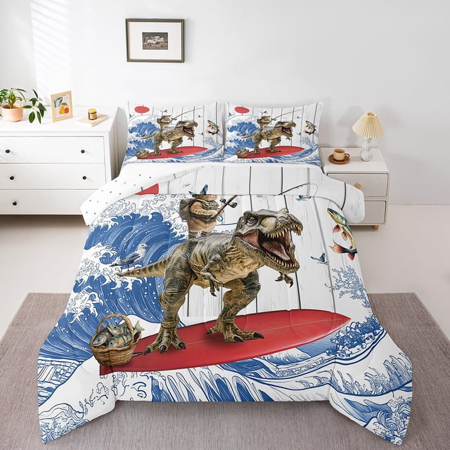 Erosebridal Cat Riding Dinosaur Bedding Sets Full with Comforter,Surfing Fishing Duvet Insert,Animal Decor,Reversible,3pcs