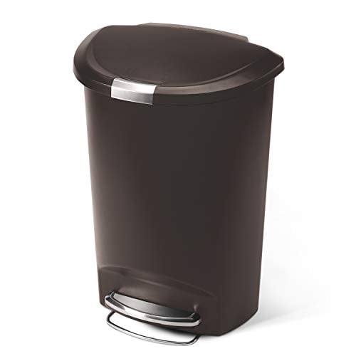 Simplehuman 50 Liter / 13 Gallon Semi-Round Kitchen Step Trash Can with Secure Slide Lock in mocha plastic. Features a semi-round shape with a flat back for space efficiency, a strong steel pedal for hands-free operation, and a patented lid shox technology for a smooth, silent close. Includes a slide lock to secure the lid, preventing access by pets or children. Designed with a wall bumper to protect walls and a stay-open lid for convenience during longer tasks. Compatible with custom-fit code P liners for a clean and secure fit. Dimensions: 18.7 W x 14.4 D x 26.2 H (in).