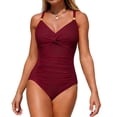 thumbnail image 2 of Jovati One-Piece Swimsuit for Women, V-Neck Padded Tankini with Adjustable Straps, Ruched Tummy Control, Nylon Spandex Blend, Solid Color, Beach Pool Wear, 2 of 7