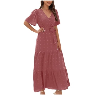 Pisexur Womens Summer Sundress Casual Floral Print V Neck Short Sleeve Summer Boho Beach Dress High Waist Long Maxi Dresses