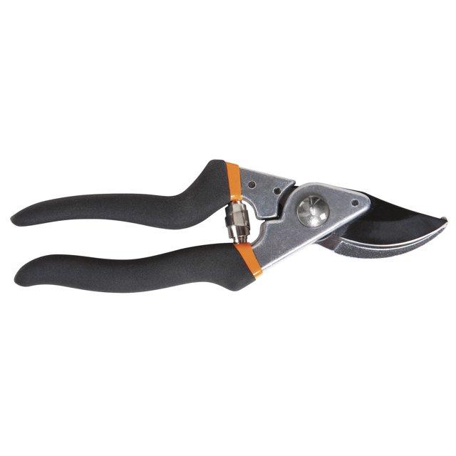 Fiskars Ns Bypass Pruner with black ergonomic non-slip grips and fully hardened precision-ground steel blade featuring low-friction coating and self-cleaning sap groove, ideal for cutting stems and light branches in garden maintenance.
