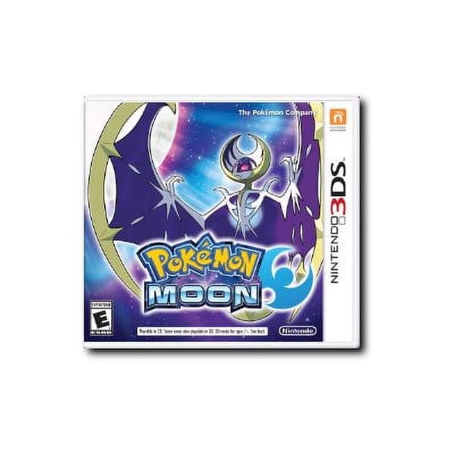 Pokémon Lune pour Nintendo 3DS, avec une Couverture Vibrante avec le Légendaire Pokémon Lunala sur un Fond Cosmique. le Jeu Est Classé E pour Tout le Monde et Fait Partie de la Série Pokémon Soleil et Lune, Offrant une Aventure sur les Îles Tropicales avec de Nouveaux Pokémon à Attraper, Combattre et Échanger.