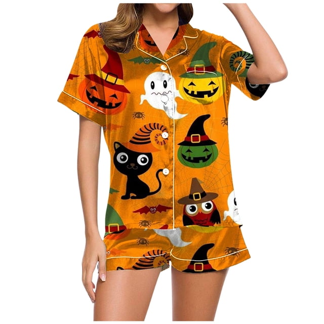 Kcodviy Pyjama Décontracté d'Halloween Imprimé pour Femmes Ensemble de Pyjama pour Femmes Ensemble Pyjama et Short Ensemble de Pyjama pour Femmes Pyjama pour Ados Ensemble Satin Pyjama Bedhead