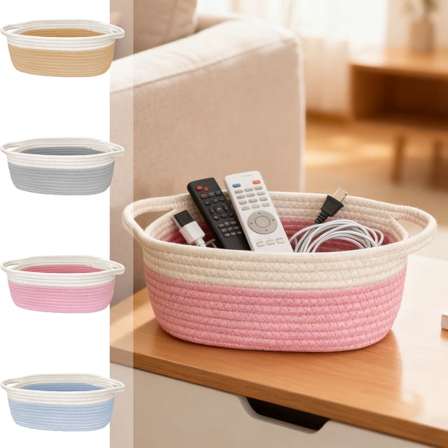 Cagogo under $5 4Pcs Woven Storage Basket, Woven Storage Basket with Handles, Fabric Rope Organizer Basket, Home Storage Solution, Gift Basket with Ribbon, Shelf Organizer, Wardrobe Storage Bin