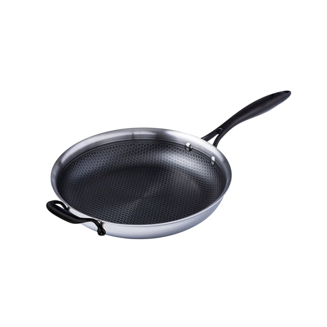 Meyer Poêle Hybride en Acier Inoxydable 32 Cm/12 Pouces Fabriquée au Canada, Poêle Centrée Orientée vers l'Avant avec surface de Cuisson Surélevée en Acier Inoxydable et Revêtement Résistant au Bâton, Poignée Longue Qui Reste Froide plus Poignée Auxiliaire, compatible induction et Va au Four jusqu'à 400 F/204 C, Sans PFOA; Idéale pour Saisir et Finir au Four.
