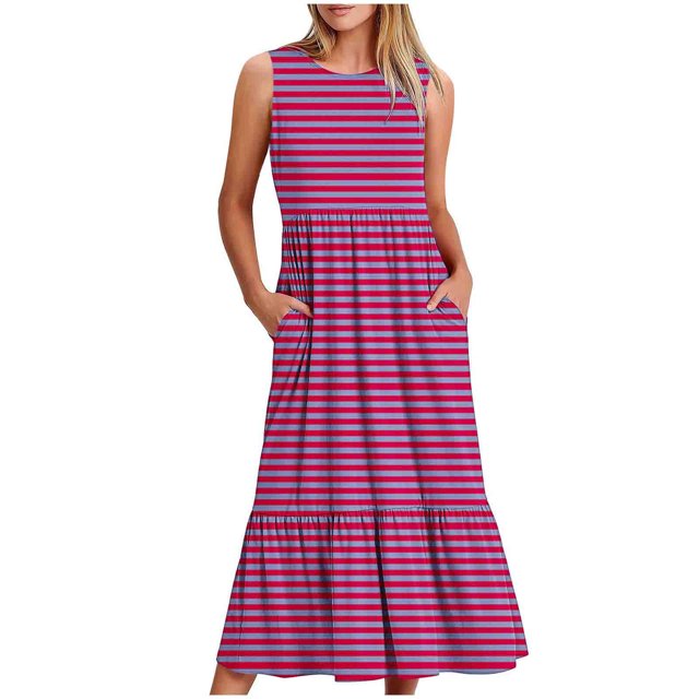 Besolor Robes d'Été pour Femmes Imprimées à Col Rond Sans Manches Robe Débardeur Décontractée Fluide de Plage Longue avec Poches