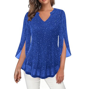 Haut Tunique à Paillettes Scintillantes pour Femme, Col en V, Manches 3/4, Double Couche en Maille, Blouse Fluide à Volants, Tenue de Fête Scintillante, Chic Décontracté, Haut à Imprimé Feuille, Rose, TTG
