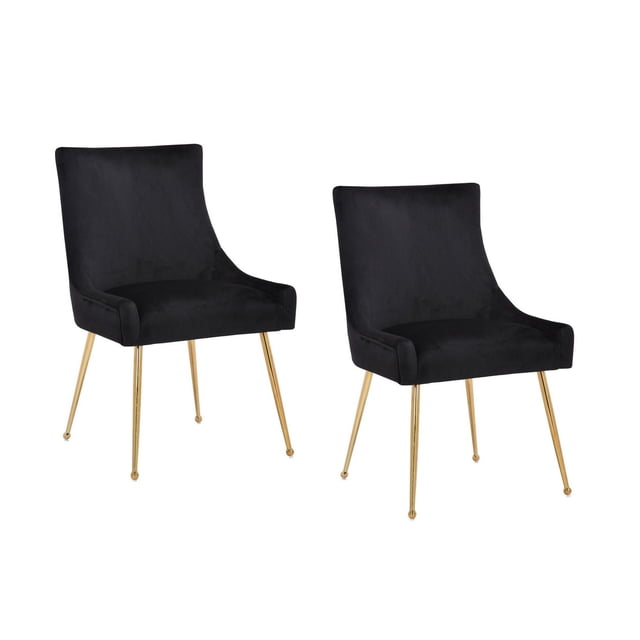 Plata Import Heye II Chaise Noire - Ensemble de 2 avec Deux Chaises de Salle à Manger Comprenant des Sièges et des Dossiers Rembourrés en Velours Noir Épais, des Cadres en Bois et des Pieds en Métal Doré Brillant, Conçues pour les Sièges de Cuisine et de Salle à Manger et Souvent Utilisées comme Chaises de Bureau Élégantes.