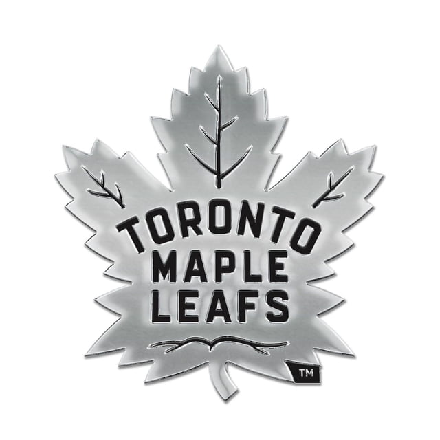 Toronto Maple Leafs Chrome Free Form Auto Emblem shaped like a chrome metal maple leaf with black embossed text reading 'TORONTO MAPLE LEAFS', designed for automotive exterior decoration and officially licensed for durability on the road.