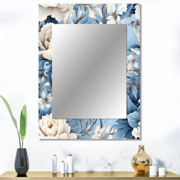 Designart « Ethereal Flourishing Rococo VII » Miroir Mural Floral, Miroir Mural Bleu Imprimé, Miroir Mural de Salle de Bain Traditionnel, Miroir Floral Décoratif - 30x40 Pouces