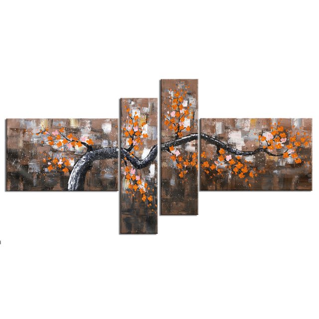 Design Art - Impression d'Art sur Toile Florale Orange Surdimensionnée - 63 X 33 - 4 Panneaux avec Toile de Coton Enveloppée pour Galerie Présentant une Branche d'Arbre Noire sur Quatre Panneaux, Décorée de Fleurs Orange et Roses sur un Fond Abstrait Texturé Brun et Gris, Prête à Accrocher avec Quincaillerie Incluse, Convient à la Décoration Murale de la Maison Ou du Bureau.