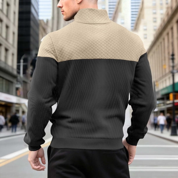 Tauxra Men Pullover Hoodies Solid Color Spliced High Neck Pullover