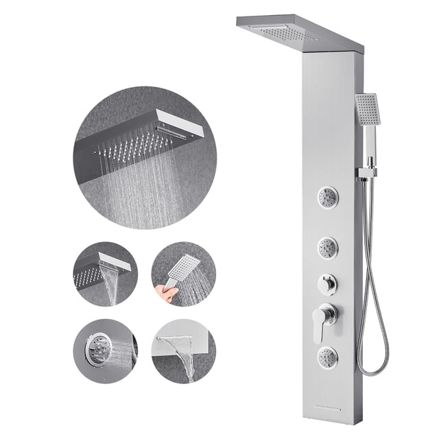 KFFKFF Shower Panel Tower System with Rainfall Waterfall Shower Head, 53 in Brushed Stainless Steel Shower Column, 5-Function Faucet, Wall-Mount Rain Massage System