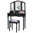 thumbnail image 1 of Costway Tri Folding Mirror Makeup Dressing Table Vanity Set W/ Stool 4 Drawers Black, 1 of 10