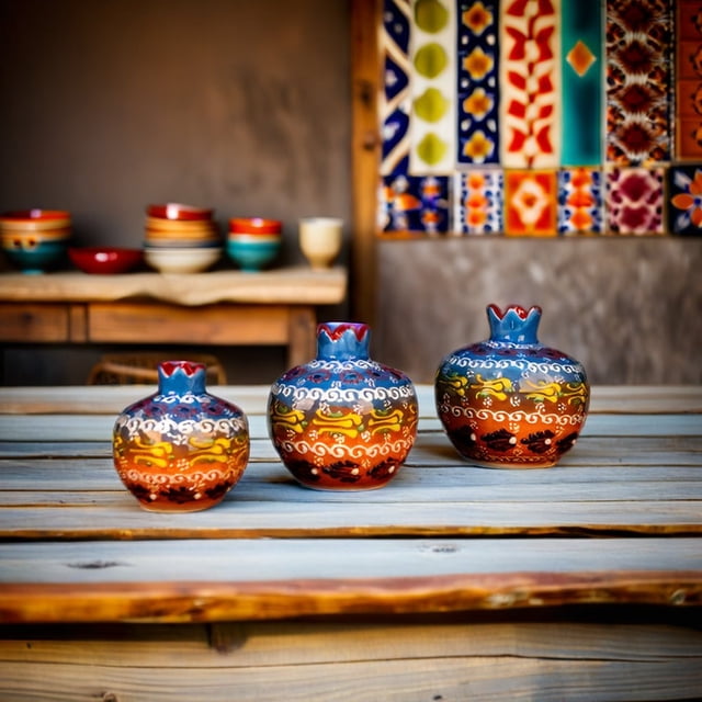 Handmade Turkish Ceramic Pomegranate Vase Set - 3-Piece Colorful Decorative Accents for Home, Tabletop, Shelf, or Gift Vases