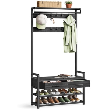 VASAGLE Hall Tree with Bench and Shoe Storage, Entryway Coat Rack with Shoe Bench, 2 Fabric Drawers, 10 Hooks, 6 Side Hooks, Stone Gray and Ink Black