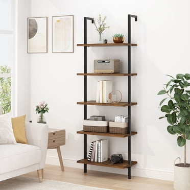 Ktaxon 5-Shelf Modern Bookshelf, Wall Mounted Wood Ladder Bookcase with Metal Frame, Dark Brown & Black