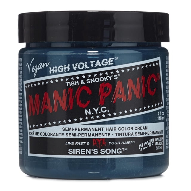 Manic Panic Siren's Song Crème Colorante Semi-Permanente pour Cheveux en Pot Refermable de 4 fl oz (118 ml) avec Couvercle Noir, Formule Végane à Haute Tension Qui Brille sous la Lumière Noire, Idéale pour une Teinture Capillaire Bleue Vibrante avec Décoloration Progressive après Shampooing.