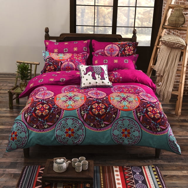 Bedding Quilt Cover Set Boho, featuring a vibrant multicolored design with intricate patterns and pompom fringe details. Made from ultra-soft, breathable microfiber, this lightweight comforter cover ensures comfort and style. Displayed in a cozy bedroom setting with wooden floors, a rustic bed frame, and decorative accents. Available in Twin, Queen, and King sizes, with matching pillowcases included.