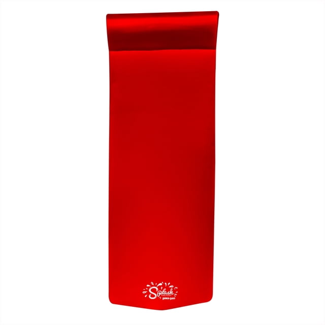 TRC Recreation Splash 1.25-inch Thick Foam Swimming Pool Float Lounger Mat in red, featuring a smooth vinyl-coated surface and a built-in roll pillow for head and neck support. The lounger measures 70 inches long, 26 inches wide, and 1.25 inches thick, designed for full-sized adults. Ideal for poolside relaxation or floating on lakes, this durable foam mat offers buoyancy and comfort. The sleek finish allows for easy cleaning with a damp cloth.