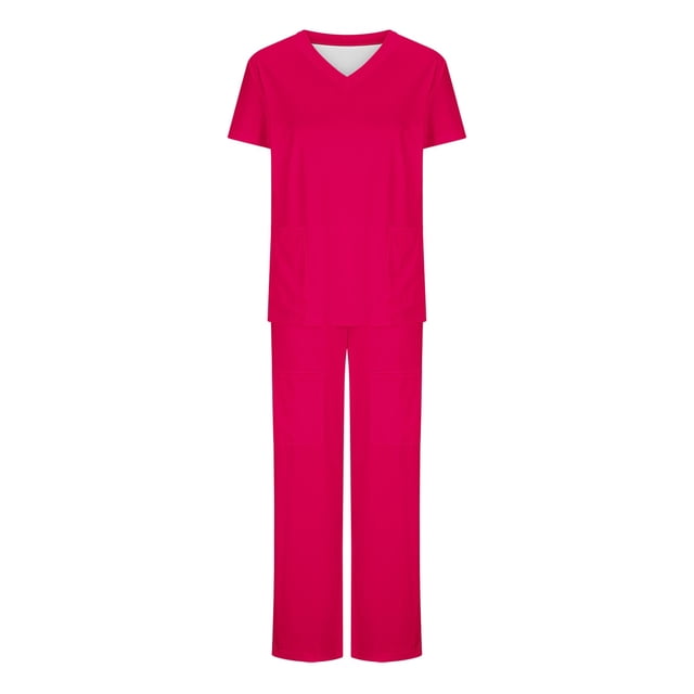yoeyez Scrubs for Women Set,Ladies Stretch Short Sleeve Crew Neck Tops & Drawstring Jogger Pants Workwear With Pockets Watermelon Red
