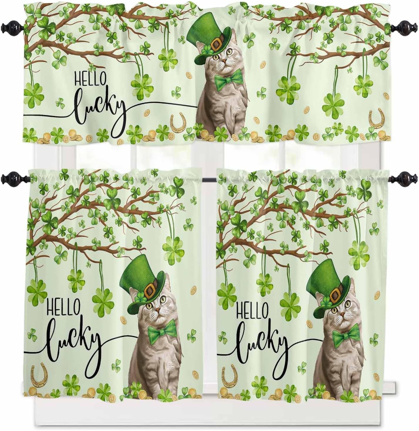 Lucky Cat St. Patrick''s Day Kitchen Curtains and Valances Set, Green Spring Shamrocks Tree Windows Treatments Tiers Half/Short Curtains for Small Windows Cafe/Living Room/Bedroom 54x24 in