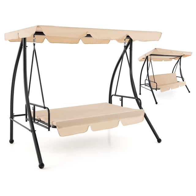 Gymax Chaise Balançoire d'Extérieur à Glissière pour Patio, Hamac convertible en Lit Plat avec Auvent Ajustable en beige. Conçue pour l'Extérieur, Cette Balançoire de Porche Présente un Cadre Métallique Robuste, un Auvent Imperméable et un design convertible pour Être Utilisée comme Chaise Balançoire Ou Lit Plat. Accueille Deux Personnes avec une Capacité de Charge de 600 Lb pour la Balançoire et 440 Lb pour le Lit Plat. Comprend des Coussins Rembourrés avec Housses Amovibles et Lavables pour un Confort Accru.