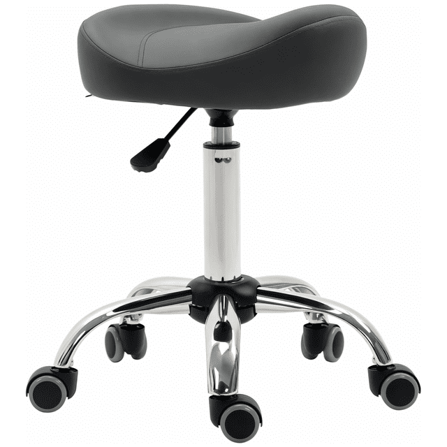 HOMCOM Tabouret Selle en Cuir PU à Hauteur Réglable, Chaise de Salon Roulante en Gris. Doté d'Un Siège Selle Ergonomique avec Rembourrage Épais pour le Confort, d'Un Cadre en Acier durable et d'Un Siège Rotatif à 360° Le Tabouret a un Mécanisme à Hauteur Réglable Allant de 21,7 à 28 Pouces et Cinq Roulettes à Roulement Fluide pour la Mobilité. l'Étroite Housse en Cuir PU Gris Est Facile à Entretenir, et la base en Acier Argenté Ajoute une Touche Moderne. Convient aux Bureaux à Domicile, salons, bars et Plus.