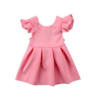 Wangsaura Robe Unie pour Bébé Fille Manches Volantes Dentelle Nœud Papillon