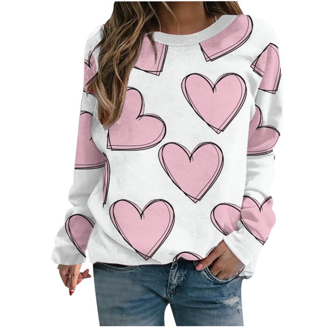 VALMASS Chandails en Molleton de la Saint-Valentin pour Femmes Manches Longues Col Rond Décontracté Mode Ample Blouses (2TG, Blanc-E)