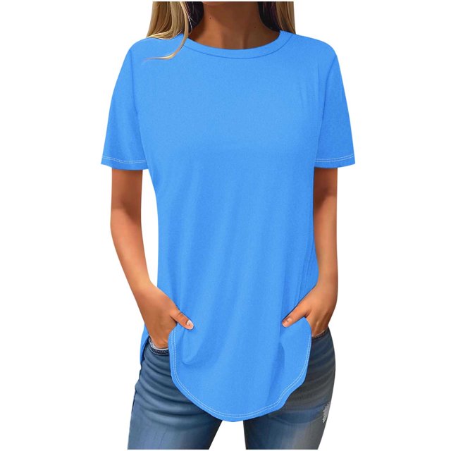 Économies d'Été KIHOUT Hauts d'Été pour Femmes, Blouse à Manches Courtes pour Femmes à Col Rond, Mode Décontractée (Bleu 3TG)