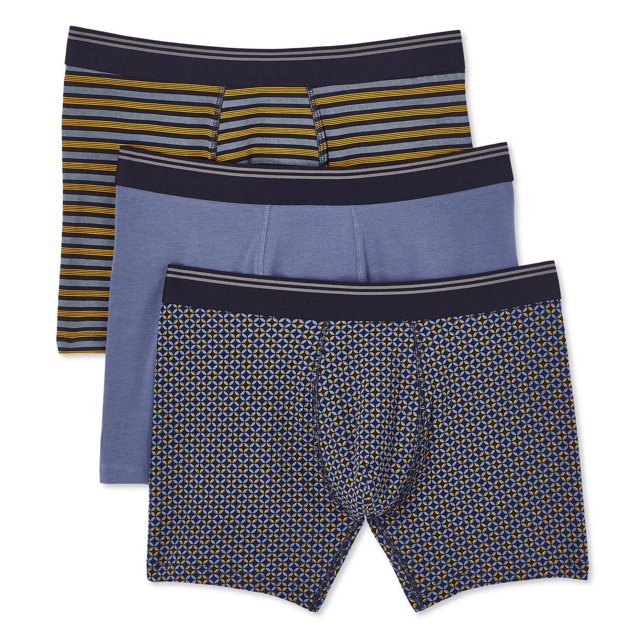 George Caleçons Boxeurs pour Hommes, Lot de 3, Comprend Trois Modèles Assortis : Bleu Marine et Rayé Moutarde, Bleu Pâle Uni et Imprimé Géométrique Bleu Marine avec accents de Moutarde et de Bleu Pâle. Chaque Slip Présente une Taille Élastique Noire avec Rayures Grises, Fabriqué à Partir d'Un Mélange Riche en Coton pour un Confort et un Soutien au Quotidien.