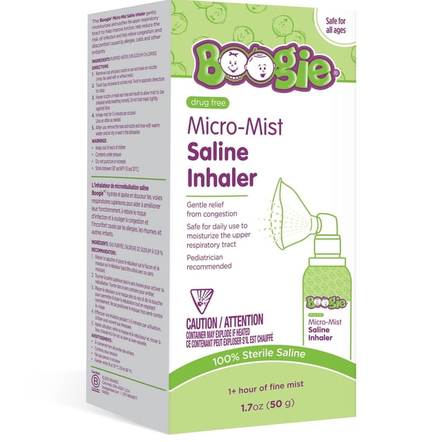 Boogie Baby Micro Mist Saline Inhaler 50g packaging in green and white, presenting a drug-free nasal rinse device that provides over 1 hour of fine sterile saline mist to gently relieve congestion and moisturize the upper respiratory tract, pediatrician recommended, with clear usage instructions and safety warnings on the side panel.